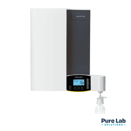 The Sartorius Pro laboratory water purification system, featuring a dual-tone white and dark gray housing, a digital control panel with a blue screen, and a dispensing arm fitted with a filter.
