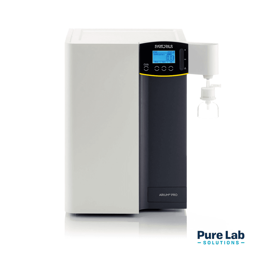 The Sartorius Pro laboratory water purification system, featuring a dual-tone white and dark gray housing, a digital control panel with a blue screen, and a dispensing arm fitted with a filter.
